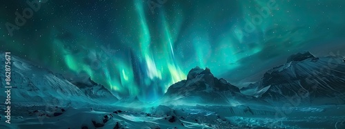 Green Aurora Borealis over Snow covered Terrain. Beautiful Northern Lights