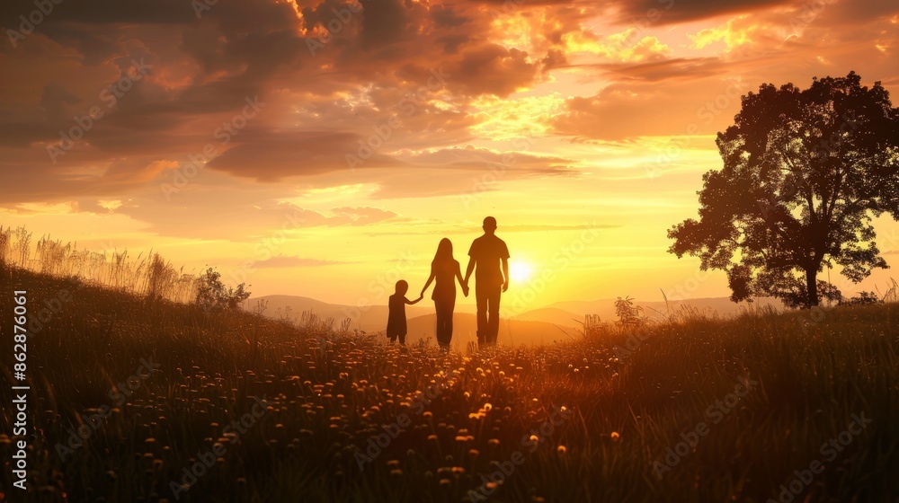 Silhouette of a family holding hands and walking through a meadow at sunset, creating a serene and beautiful moment. Silhouette of a family holding hands and walking through a meadow at sunset, creating a serene and beautiful moment.