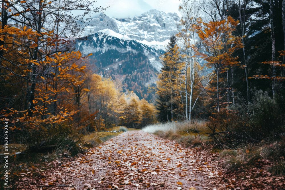 A scenic path through an autumn forest with brilliant foliage, revealing a breathtaking mountain view in the distance, blending natural beauty and seasonal charm. A scenic path through an autumn forest with brilliant foliage, revealing a breathtaking mountain view in the distance, blending natural beauty and seasonal charm.