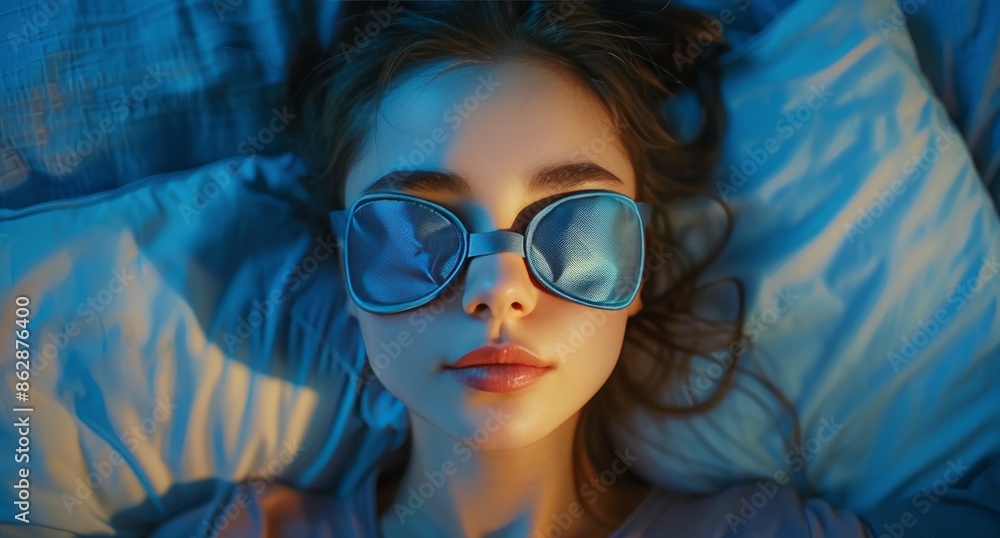 Woman Sleeping With Blue Sleep Mask In Bed Woman Sleeping With Blue Sleep Mask In Bed