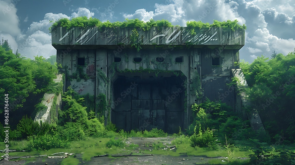 Hollywood style Movie Tone dramatic A photorealistic image of a decommissioned nuclear launch site, overgrown with vegetation, symbolizing the triumph of peace over nuclear weapons. sharp focus and Hollywood style Movie Tone dramatic A photorealistic image of a decommissioned nuclear launch site, overgrown with vegetation, symbolizing the triumph of peace over nuclear weapons. sharp focus and