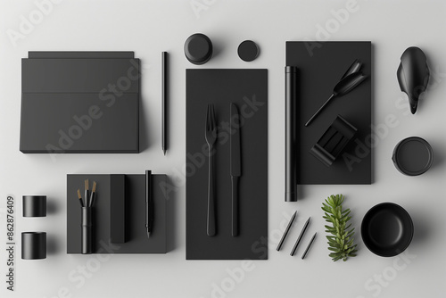Set of black mock-up elements on a blank background. The 3D render showcases various items arranged in a clean and minimalist layout, perfect for presenting designs and branding elements
