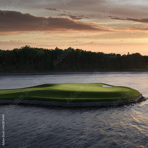 a photorealistic image of a stunning par 3 golf hole with an island green against sunset backdrop. photo