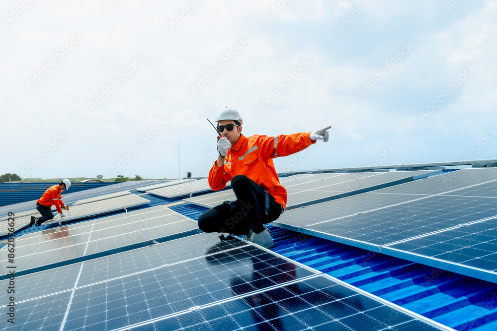 engineer man inspects construction of solar cell panel or photovoltaic cell by electronic device. Industrial Renewable energy of green power. factory worker working on tower roof. engineer man inspects construction of solar cell panel or photovoltaic cell by electronic device. Industrial Renewable energy of green power. factory worker working on tower roof.