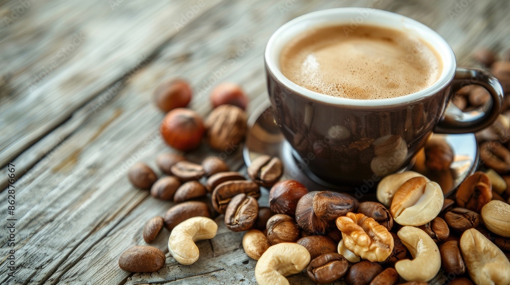 Fototapeta premium Selective focus photo of coffee and nuts on wooden table morning pick me up
