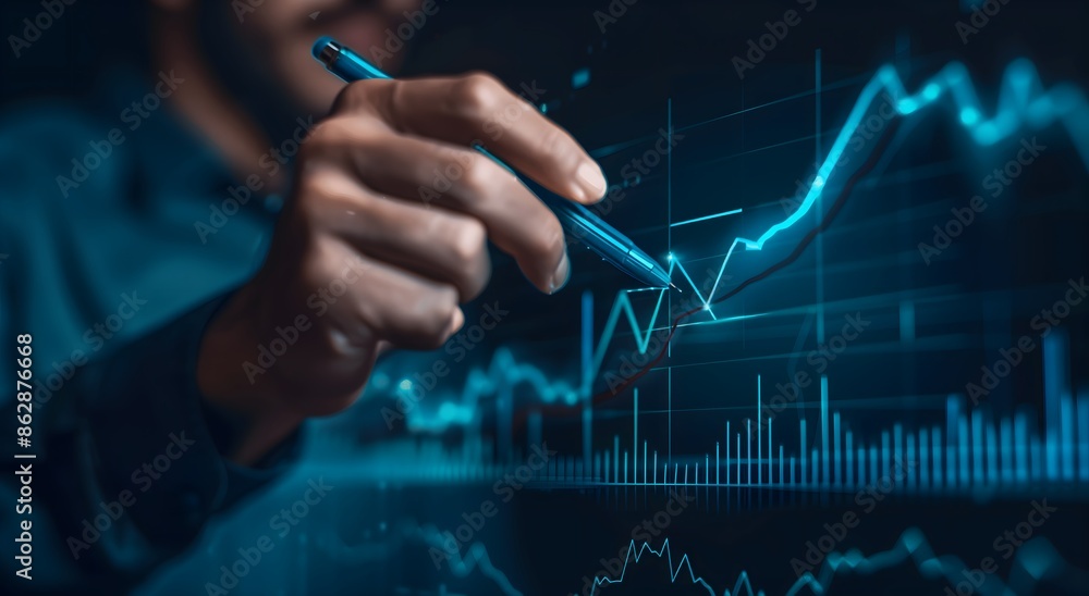 Businessman pointing at a rising graph and bar chart with financial data against a black background concept of business growth and success Businessman pointing at a rising graph and bar chart with financial data against a black background concept of business growth and success