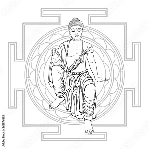 Buddha monochrome, black and white coloring with yantra, mandala. Vector illustration