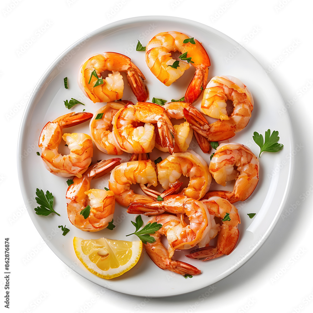 Top view Delicious shrimps on white plate isolated on white background Top view Delicious shrimps on white plate isolated on white background
