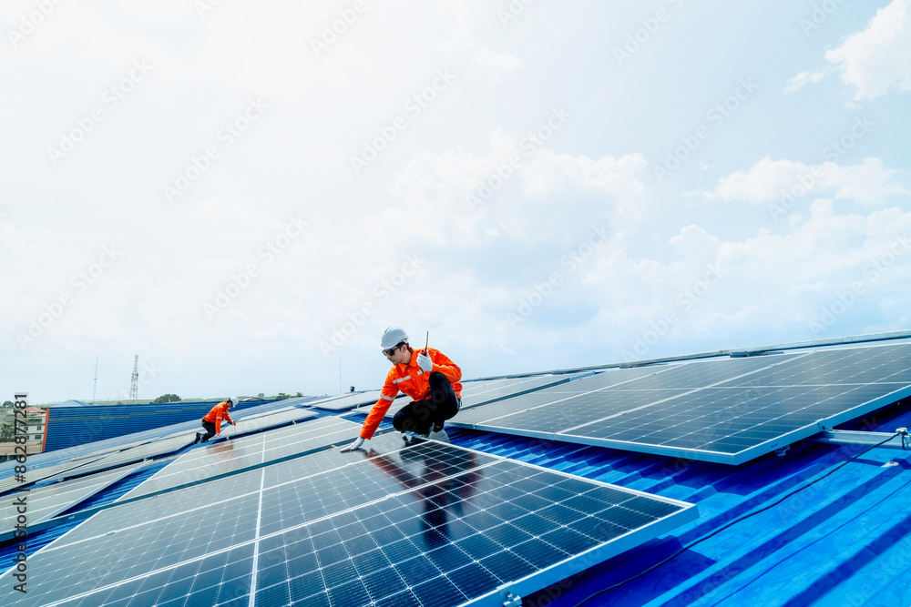engineer man inspects construction of solar cell panel or photovoltaic cell by electronic device. Industrial Renewable energy of green power. factory worker working on tower roof.