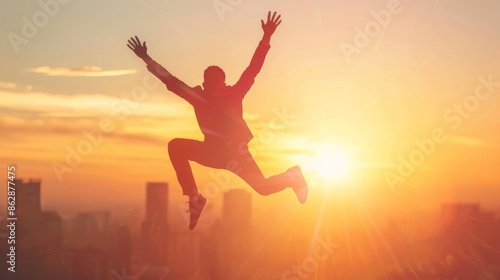 Wallpaper Mural Silhouette of a man jumping with arms raised in joy against a vibrant sunrise over a city skyline, symbolizing success and happiness. Torontodigital.ca
