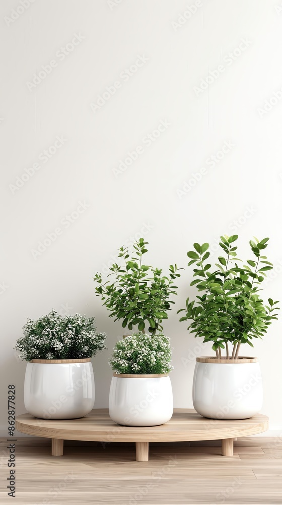 Fototapeta premium Minimalist arrangement of three green plants in white pots on wooden platform against a light background, creating a serene and fresh look.
