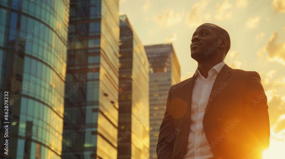 A smiling businessman in a suit stands confidently in a city, looking upwards as the sunset reflects off glass buildings A smiling businessman in a suit stands confidently in a city, looking upwards as the sunset reflects off glass buildings