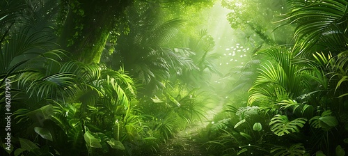 Fototapeta Naklejka Na Ścianę i Meble -  Lush green jungle with a small path winding through it the air thick with the sounds of wildlife