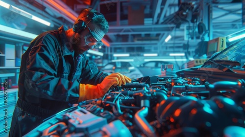 Mechanic Working on Car Engine in High-Tech Garage - Generative AI