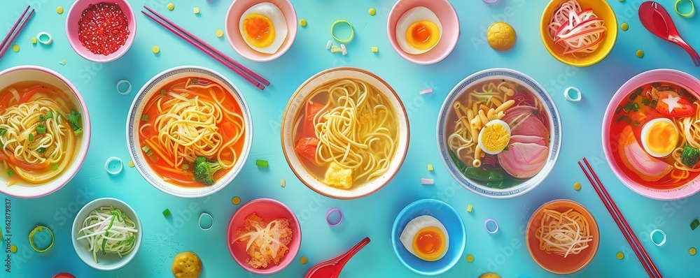 A variety of ramen bowls with chopsticks and spoons on a blue background. A variety of ramen bowls with chopsticks and spoons on a blue background.