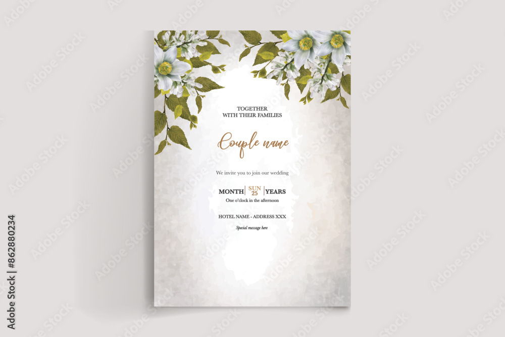 WEDDING INVITATION FRAME WITH FLOWER DECORATIONS AND FRESH LEAVES WEDDING INVITATION FRAME WITH FLOWER DECORATIONS AND FRESH LEAVES