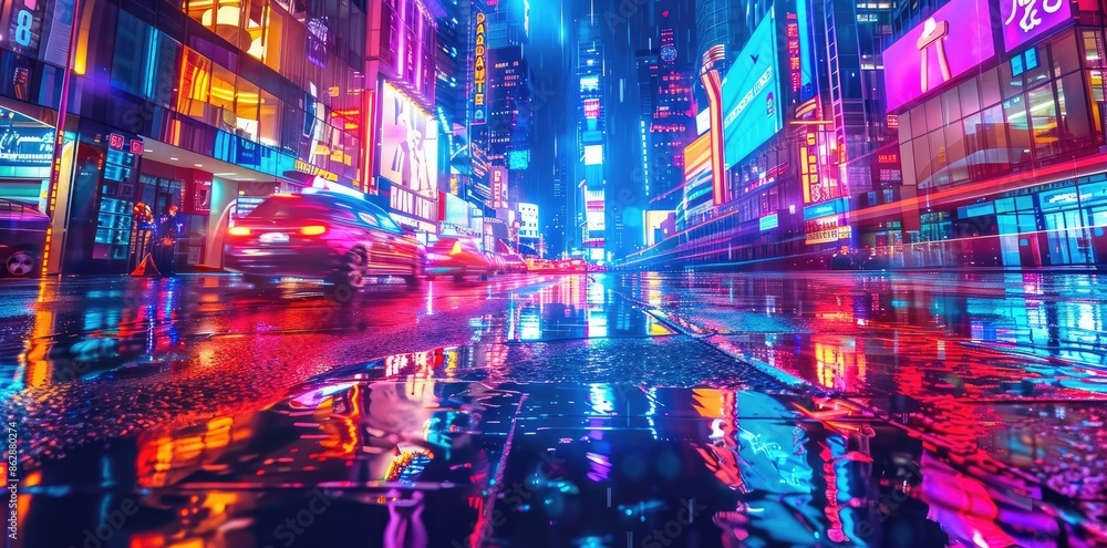 Fototapeta premium A futuristic cityscape towering with skyscrapers and neon lights at night