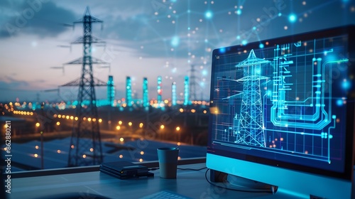 Futuristic Electrical Grid Infrastructure Blueprint at Sunset