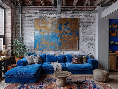 blaues Sofa in einer modernisierten Altbauwohnung  photo