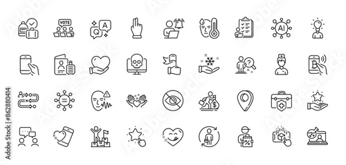 Leadership, Bitcoin pay and Doctor line icons pack. AI, Question and Answer, Map pin icons. People chatting, Volunteer, Cyber attack web icon. Vector