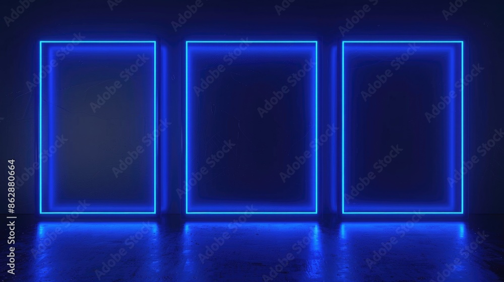 Blue Neon Glowing Picture Frames on Dark Navy Background: Exhibition and Event Display Mock-Up
Blue Neon Glowing Picture Frames on Dark Navy Background: Exhibition and Event Display Mock-Up