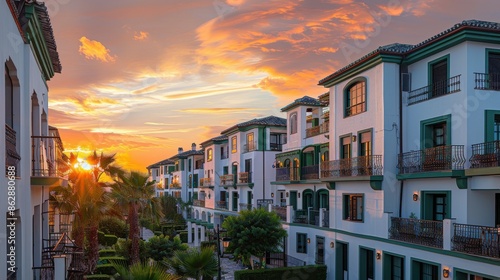 Classic white and green apartment buildings basking in the sunrise photo