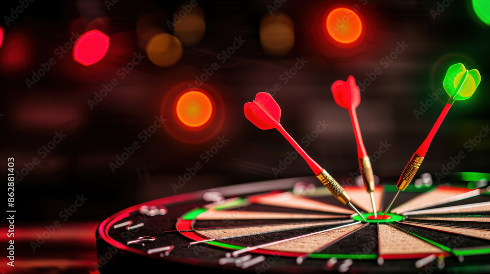 Fototapeta premium Three darts hit the bullseye on a dartboard, with colorful bokeh lights in the background, symbolizing precision and success.