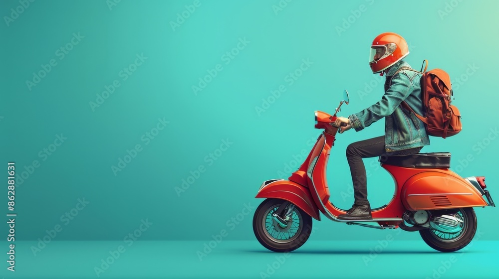 Man Riding a Red Scooter with Backpack and Helmet Generative AI Man Riding a Red Scooter with Backpack and Helmet Generative AI