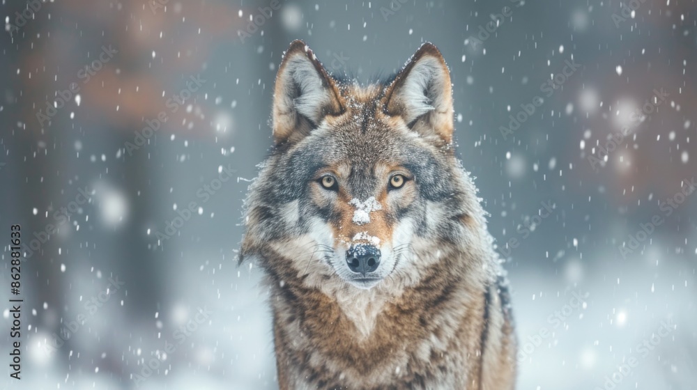 Wolf in snowy forest during winter snowfall
Wolf in snowy forest during winter snowfall