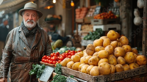 A senior man stands proudly at his market stall, where fresh potatoes are prominently displayed, highlighting the simple pleasures and authenticity of local market culture.