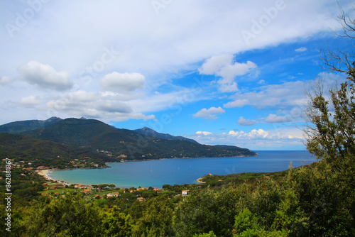 Coastal landscape from a bay on Elba Island with a beautifully laid house, Livorno, Italy