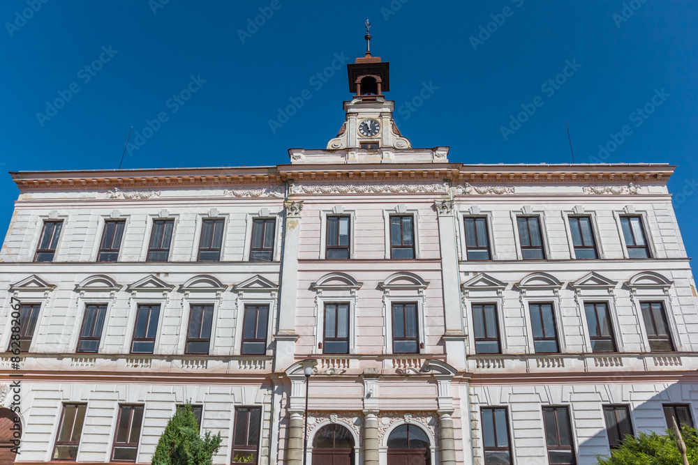 Facade of a historic building in the center of Volary, Czechia