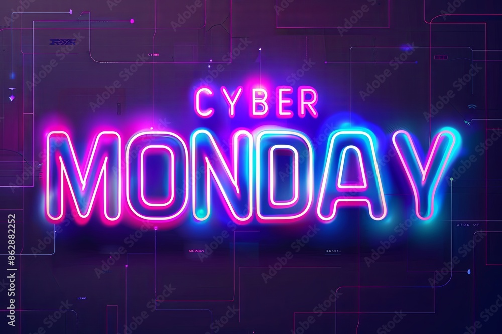 Cyber Monday neon text glowing against a dark backdrop. Template for Cyber Christmas sale banner. Cyber Monday neon text glowing against a dark backdrop. Template for Cyber Christmas sale banner.