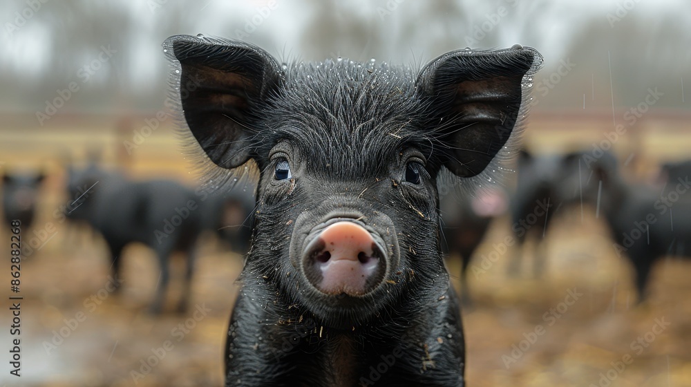 A close-up image of a cute, curious pig standing in a pen on a rainy day, drawing attention with its expressive eyes and wet snout, highlighting farm life and animals' innocence. A close-up image of a cute, curious pig standing in a pen on a rainy day, drawing attention with its expressive eyes and wet snout, highlighting farm life and animals' innocence.