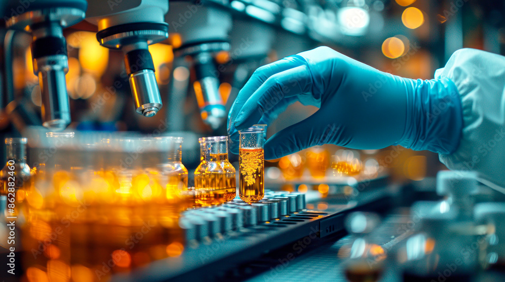 Laboratory worker in blue rubber gloves using medical equipment for doing test in laboratory. Laboratory worker in blue rubber gloves using medical equipment for doing test in laboratory.