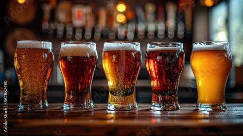 A variety of five different beers, ranging in color from light to dark, presented on a wooden surface in a bar. The background hints at a cozy, rustic bar ambiance. photo