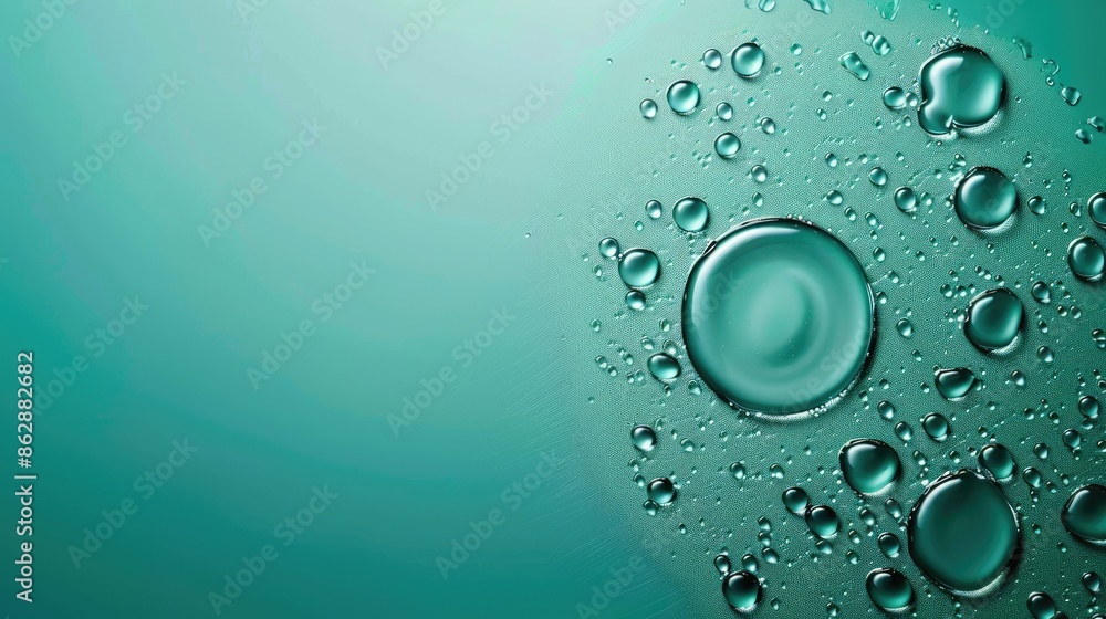 small water drops on a blue-green background Leave space next to it for placing text in the center of the circle small water drops on a blue-green background Leave space next to it for placing text in the center of the circle
