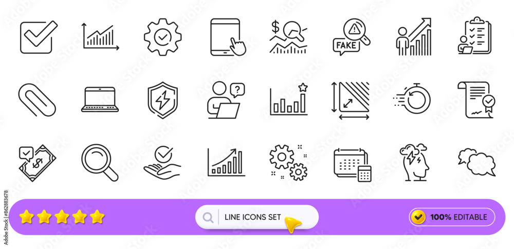 Efficacy, Account and Execute line icons for web app. Pack of Check investment, Fake news, Approved agreement pictogram icons. Online question, Checklist, Paper clip signs. Notebook. Vector Efficacy, Account and Execute line icons for web app. Pack of Check investment, Fake news, Approved agreement pictogram icons. Online question, Checklist, Paper clip signs. Notebook. Vector