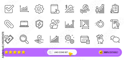 Efficacy, Account and Execute line icons for web app. Pack of Check investment, Fake news, Approved agreement pictogram icons. Online question, Checklist, Paper clip signs. Notebook. Vector