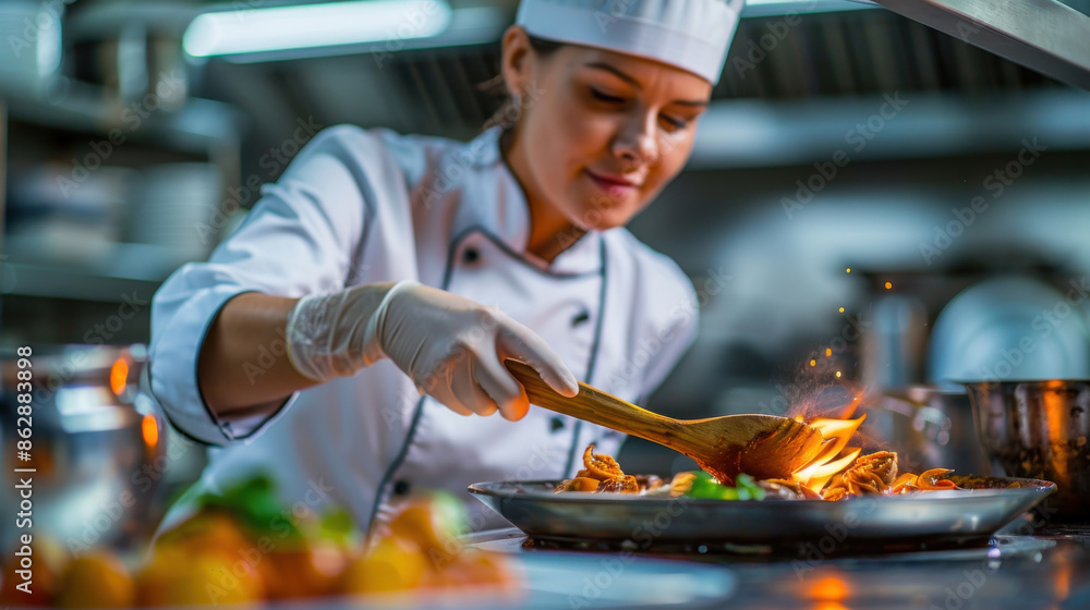 Professional chef cooking in a busy kitchen, expertly preparing a dish with a flame. Culinary masterpiece in the making. Professional chef cooking in a busy kitchen, expertly preparing a dish with a flame. Culinary masterpiece in the making.