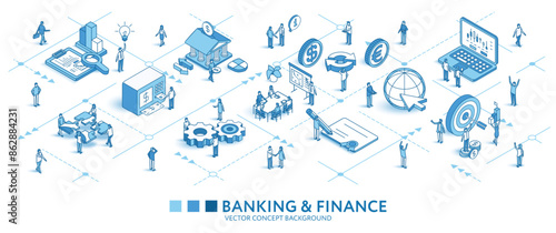 Finance, bank account, economic isometric seamless pattern. Money, tax line 3d icon, people character, arrow. Business infograph. Vector background teamwork concept illustration. Stock market journey