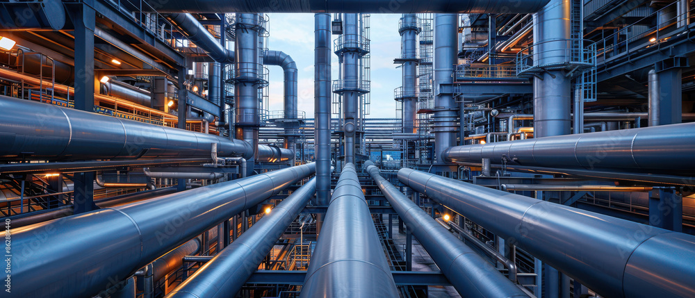 Industrial refinery with pipelines leading to various production facilities, petrochemical industry background. Industrial refinery with pipelines leading to various production facilities, petrochemical industry background.
