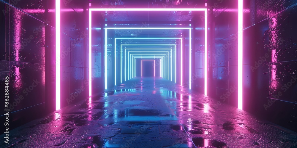 Digital artwork 3D neon frame of virtual space portal on black Digital artwork 3D neon frame of virtual space portal on black
