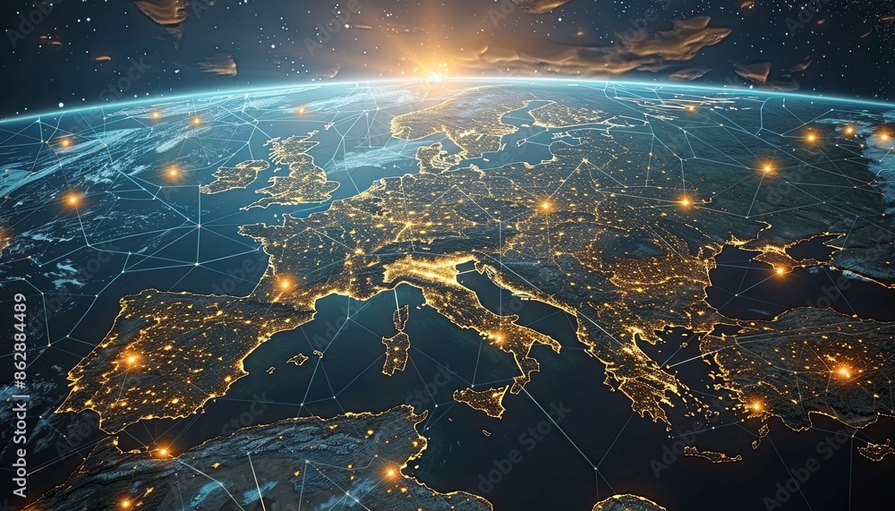Fototapeta premium From a cosmic perspective, the European region is a network of interconnected data centers and information superhighways 