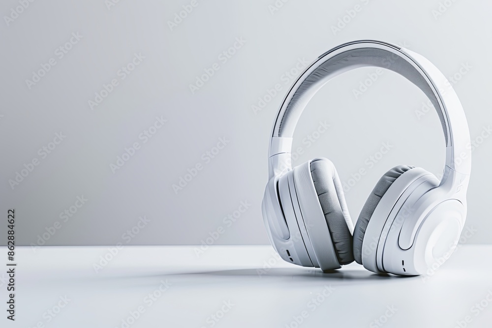 White and grey headphones on table with sleek design, against gray background White and grey headphones on table with sleek design, against gray background