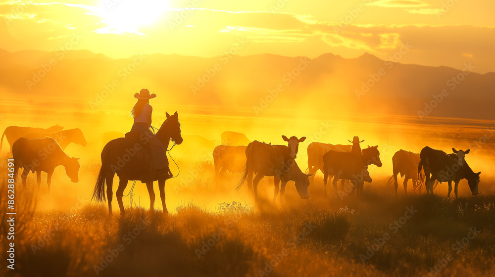 Cowgirls herding cattle across a dusty plain at sunset, with the golden light casting long shadows. Cowgirls herding cattle across a dusty plain at sunset, with the golden light casting long shadows.