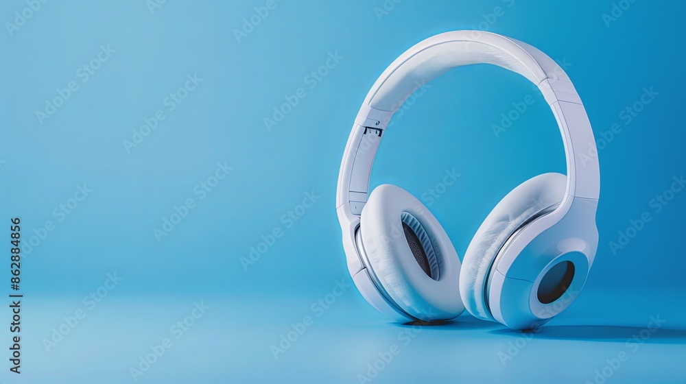 White over-ear headphones on blue backdrop. Minimalistic studio shot. White over-ear headphones on blue backdrop. Minimalistic studio shot.