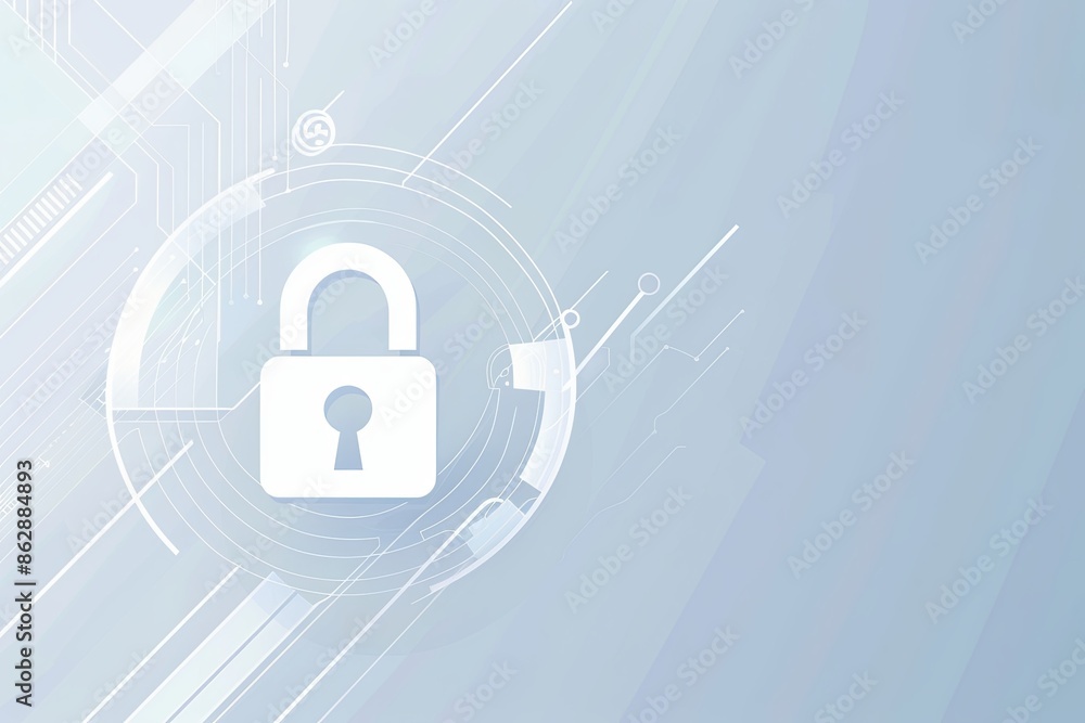 White padlock icon on abstract backdrop with lines and circles. Cybersecurity concept. White padlock icon on abstract backdrop with lines and circles. Cybersecurity concept.