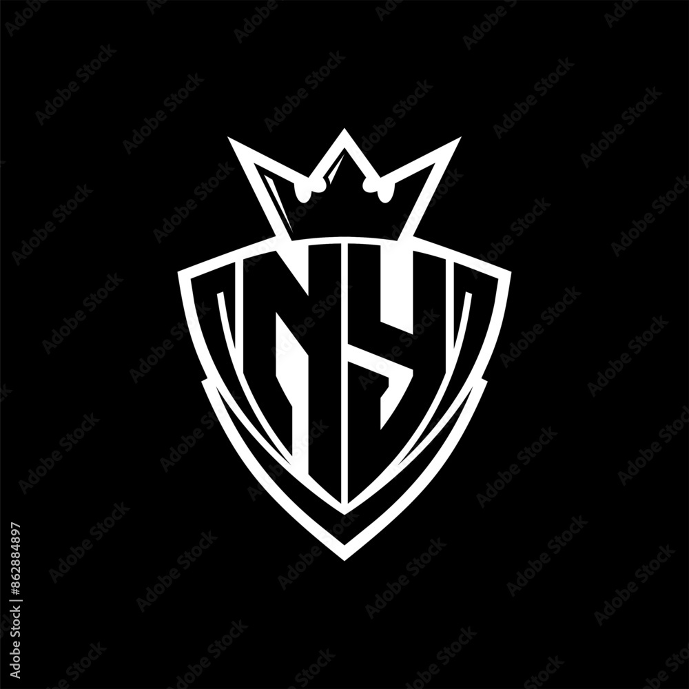 NY Letter logo with sharp triangle shield shape with crown inside white outline on black background template design NY Letter logo with sharp triangle shield shape with crown inside white outline on black background template design