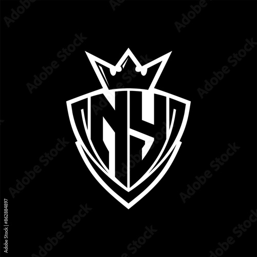 NY Letter logo with sharp triangle shield shape with crown inside white outline on black background template design